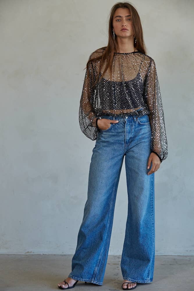By Together - Woven Polyester Sequin Mesh Long Sleeve Top