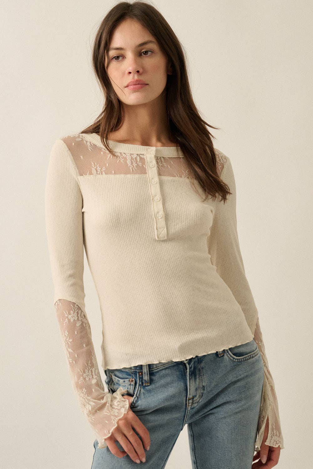 Ribbed Knit & Lace Long-Sleeve Split-Cuff Henley Top