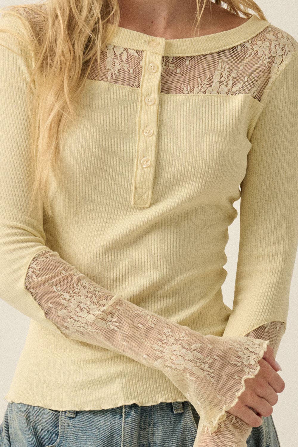 Ribbed Knit & Lace Long-Sleeve Split-Cuff Henley Top