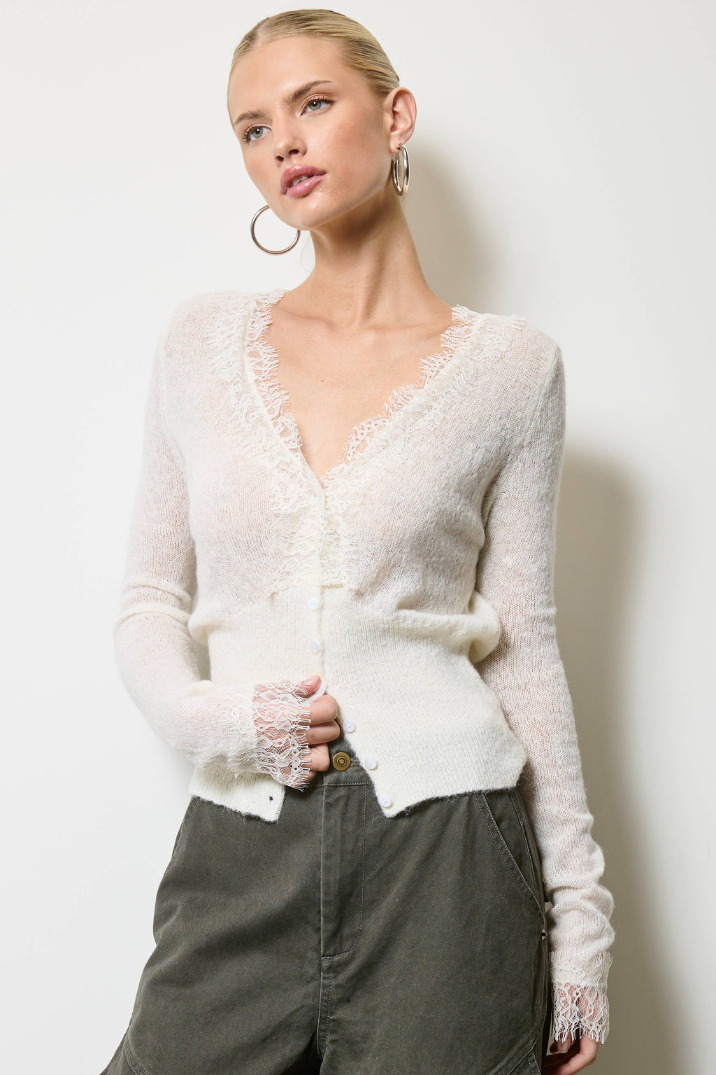 Mimosa - Lace Trim V Neck Knit Cardigan