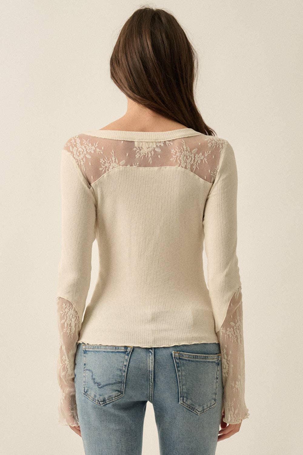 Ribbed Knit & Lace Long-Sleeve Split-Cuff Henley Top