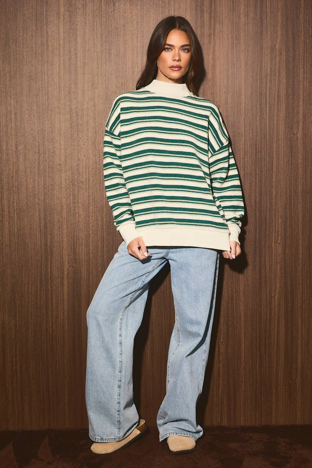 LE LIS - Striped Mock Neck Oversized Knit Sweater Top