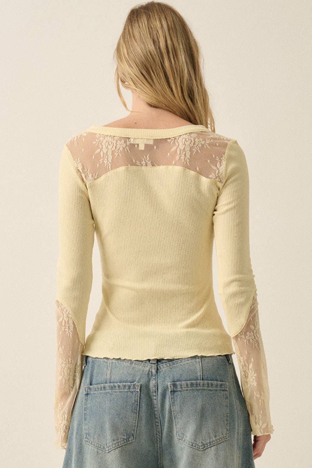 Ribbed Knit & Lace Long-Sleeve Split-Cuff Henley Top