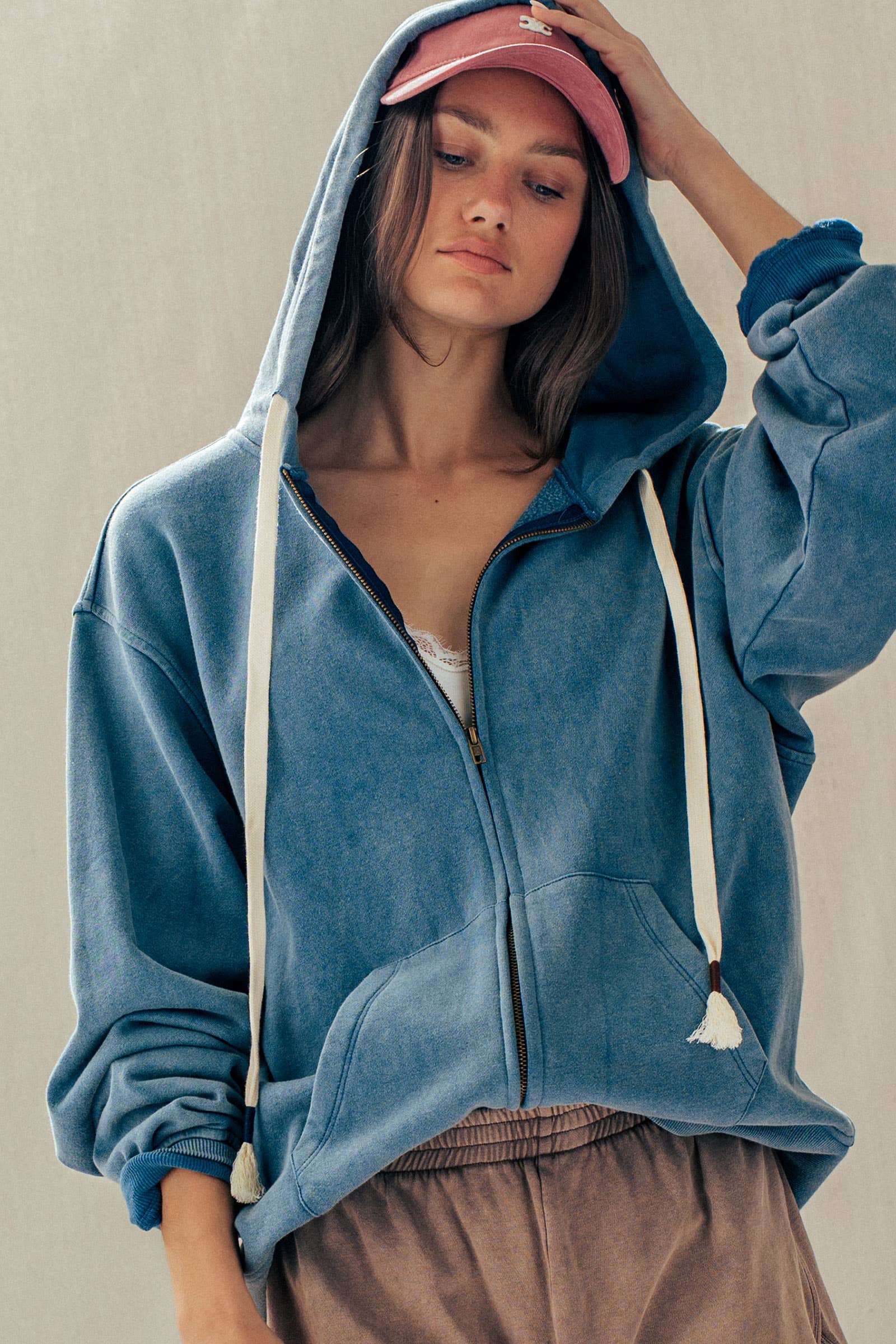 Urban Daizy - Vintage-Wash Zip-Up Hoodie