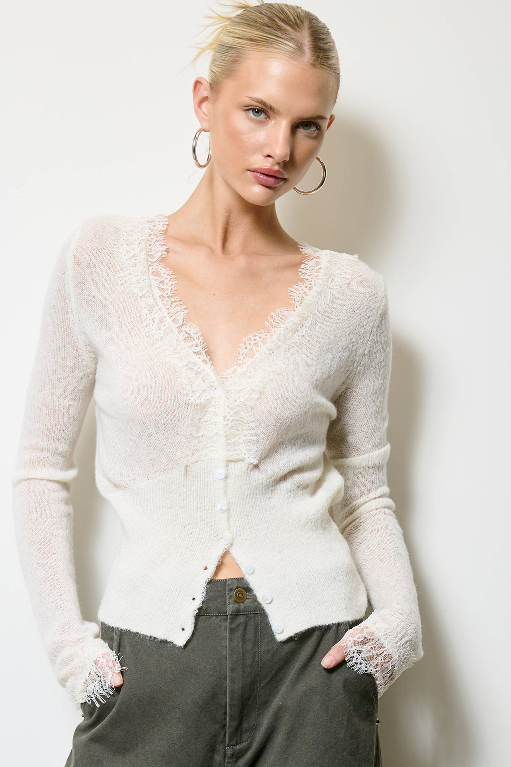 Mimosa - Lace Trim V Neck Knit Cardigan
