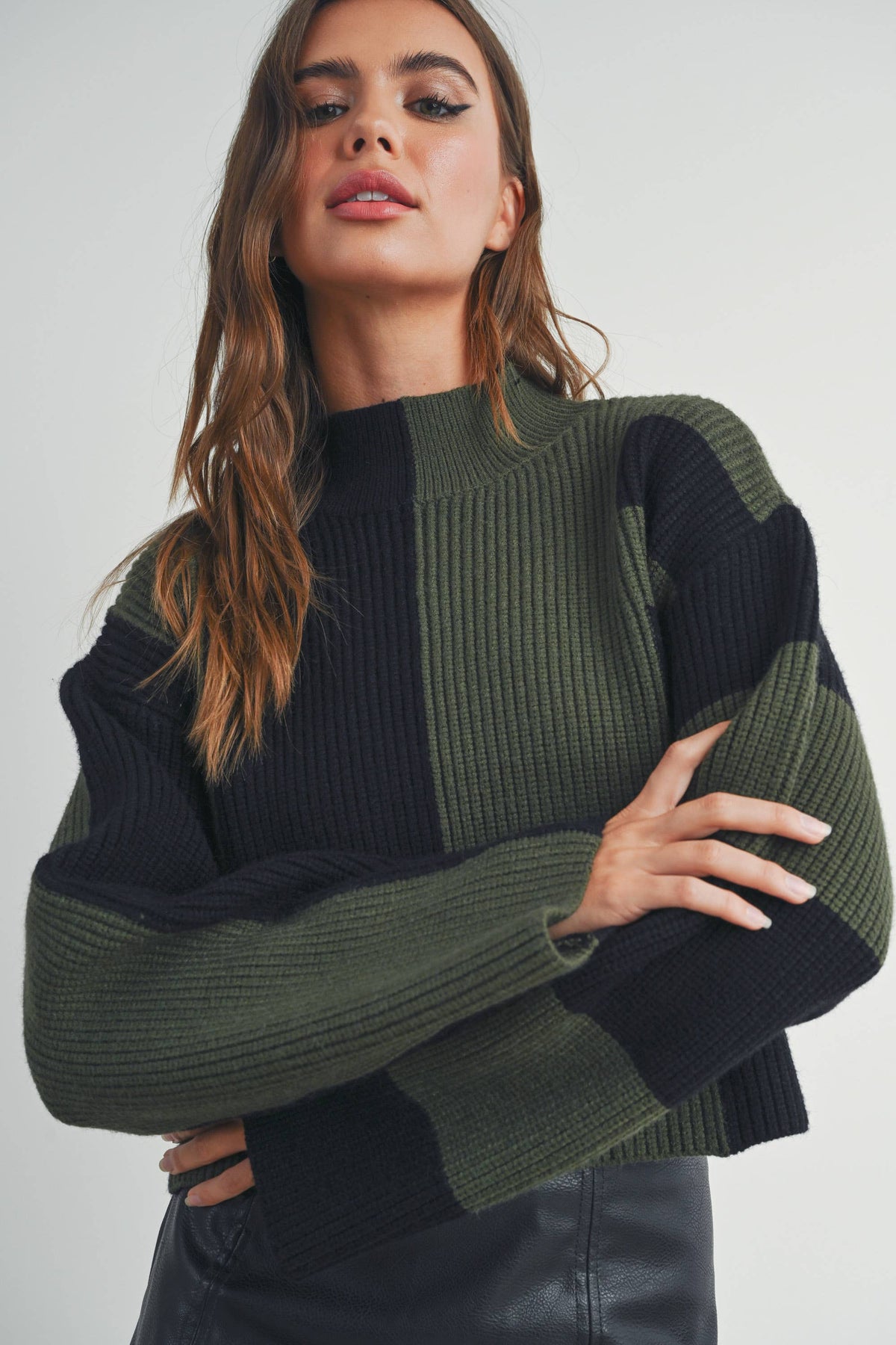 A Favorite Color Block Mock Turtleneck Sweater