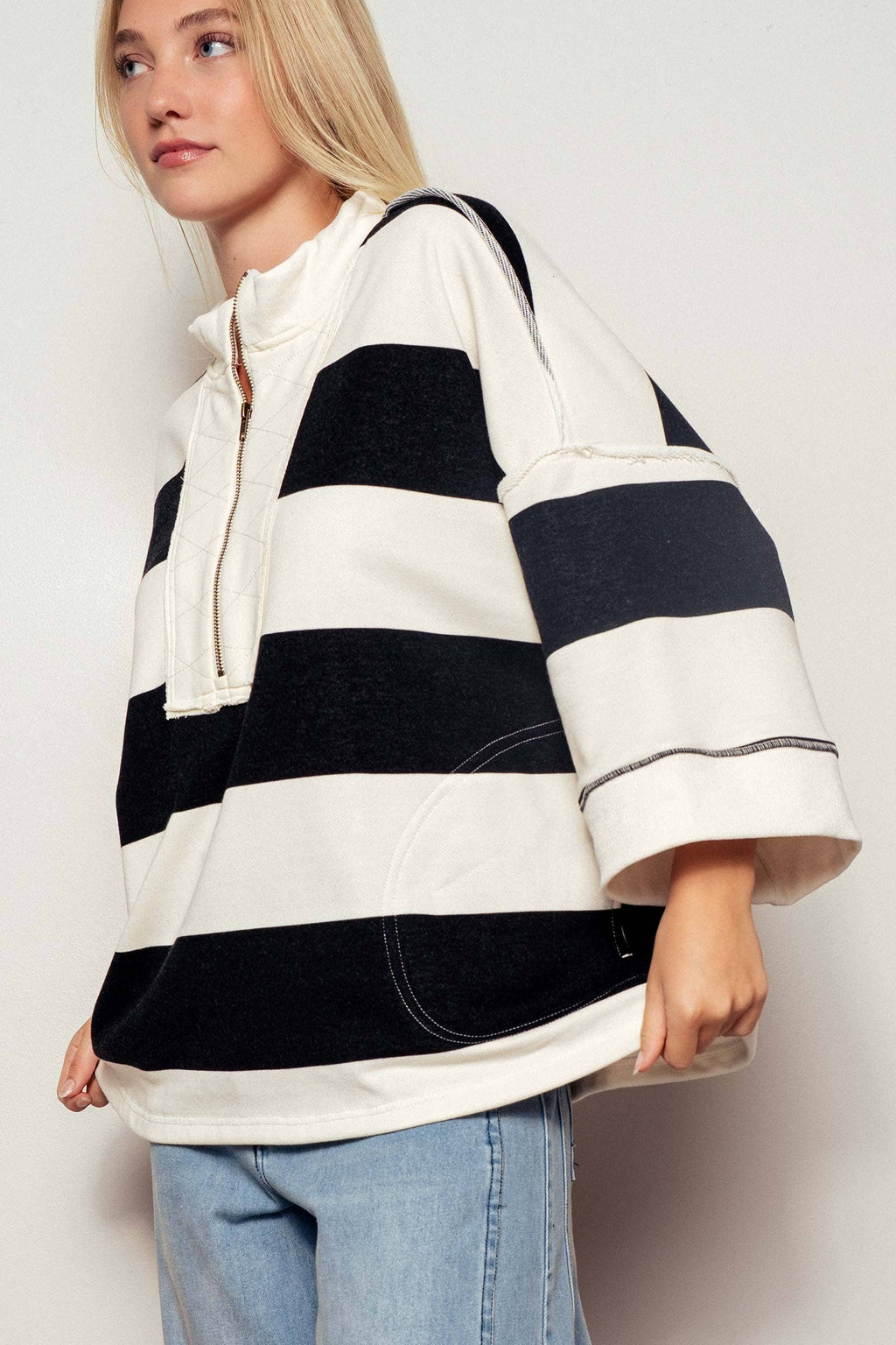 Urban Daizy - Oversized Half Zip Bold Stripe Statement Pullover Sweatshirt