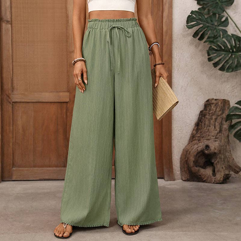 Lovesoft - Textured Drawstring High Waist Wide Leg Pants