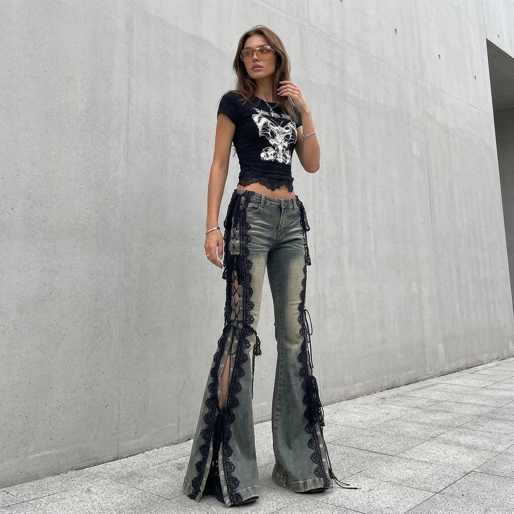UniteJeans - Punk Rock Lace-Up Flare Jeans - Grey Wash