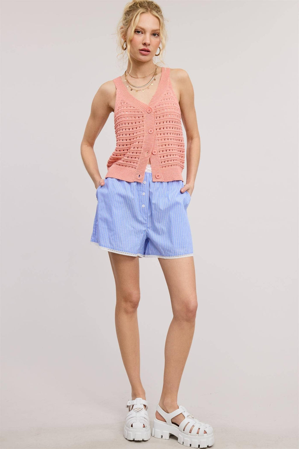 Mimosa - Open Stitch Button Front Knit Tank