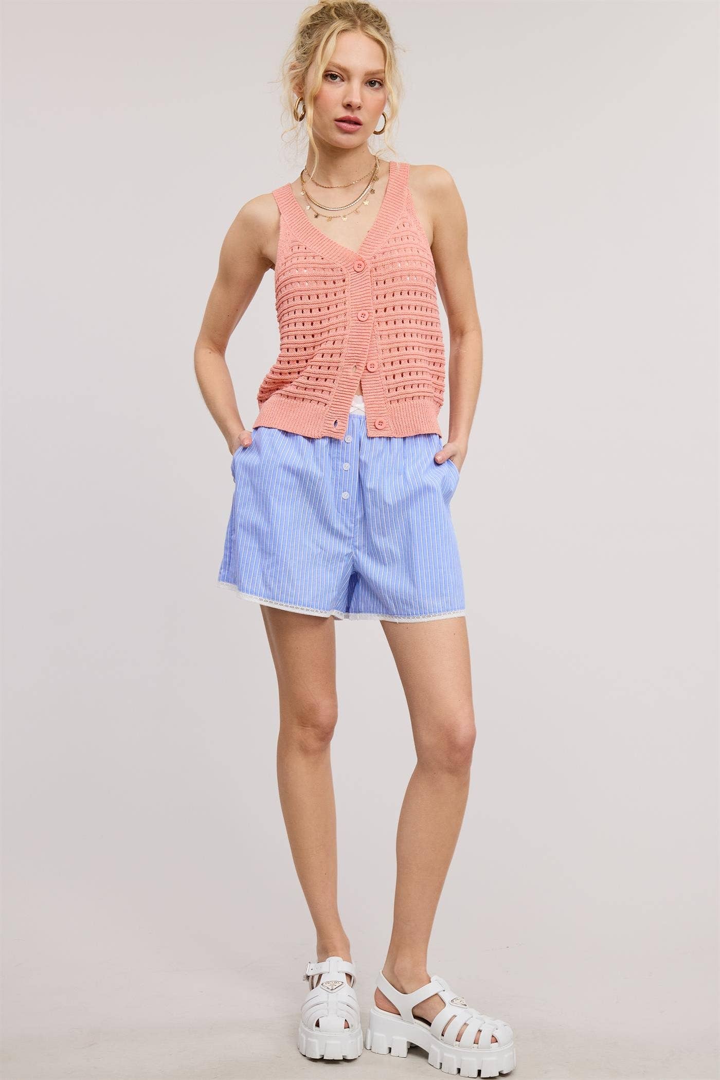 Mimosa - Open Stitch Button Front Knit Tank