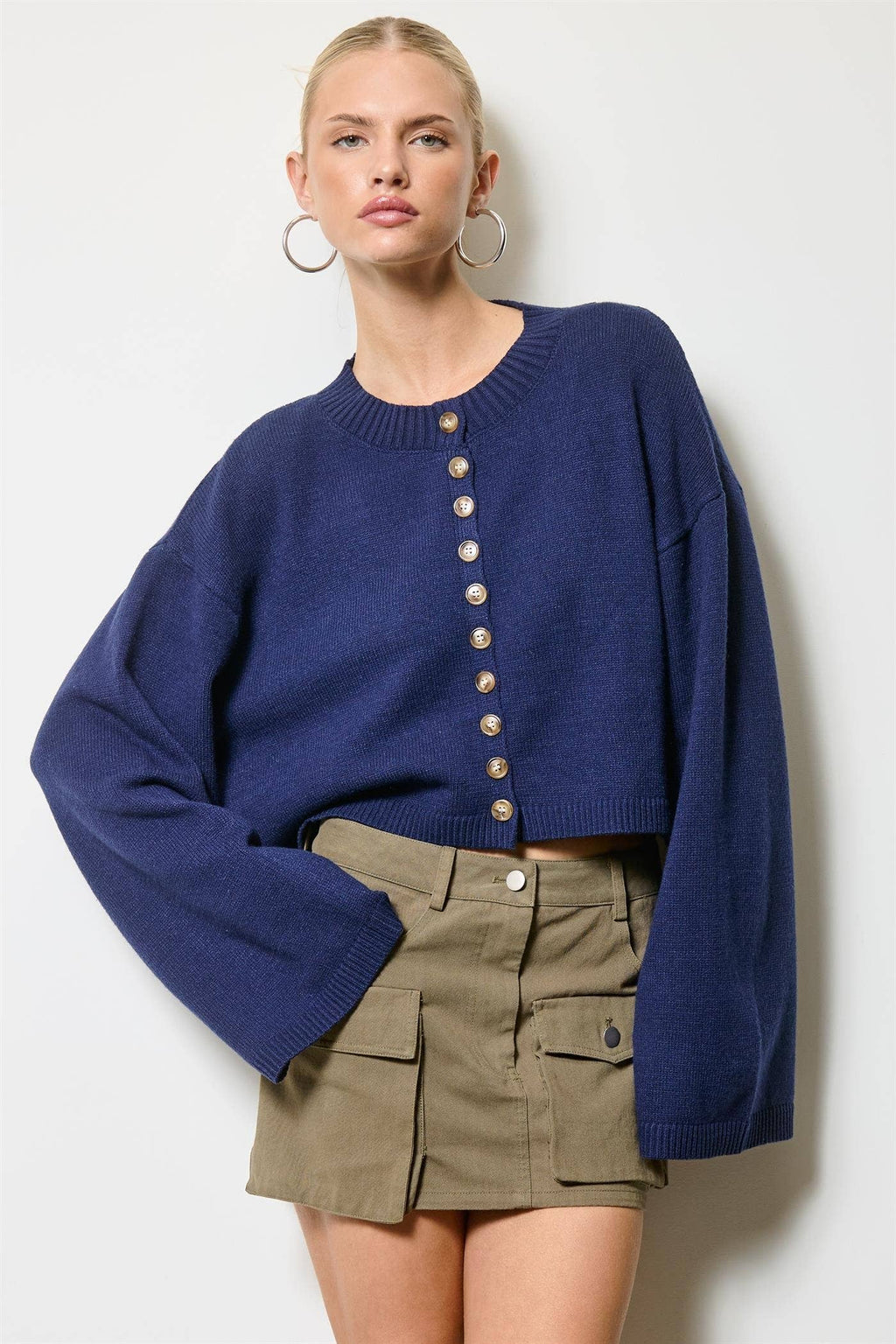 Button Front Cropped Knit Cardigan