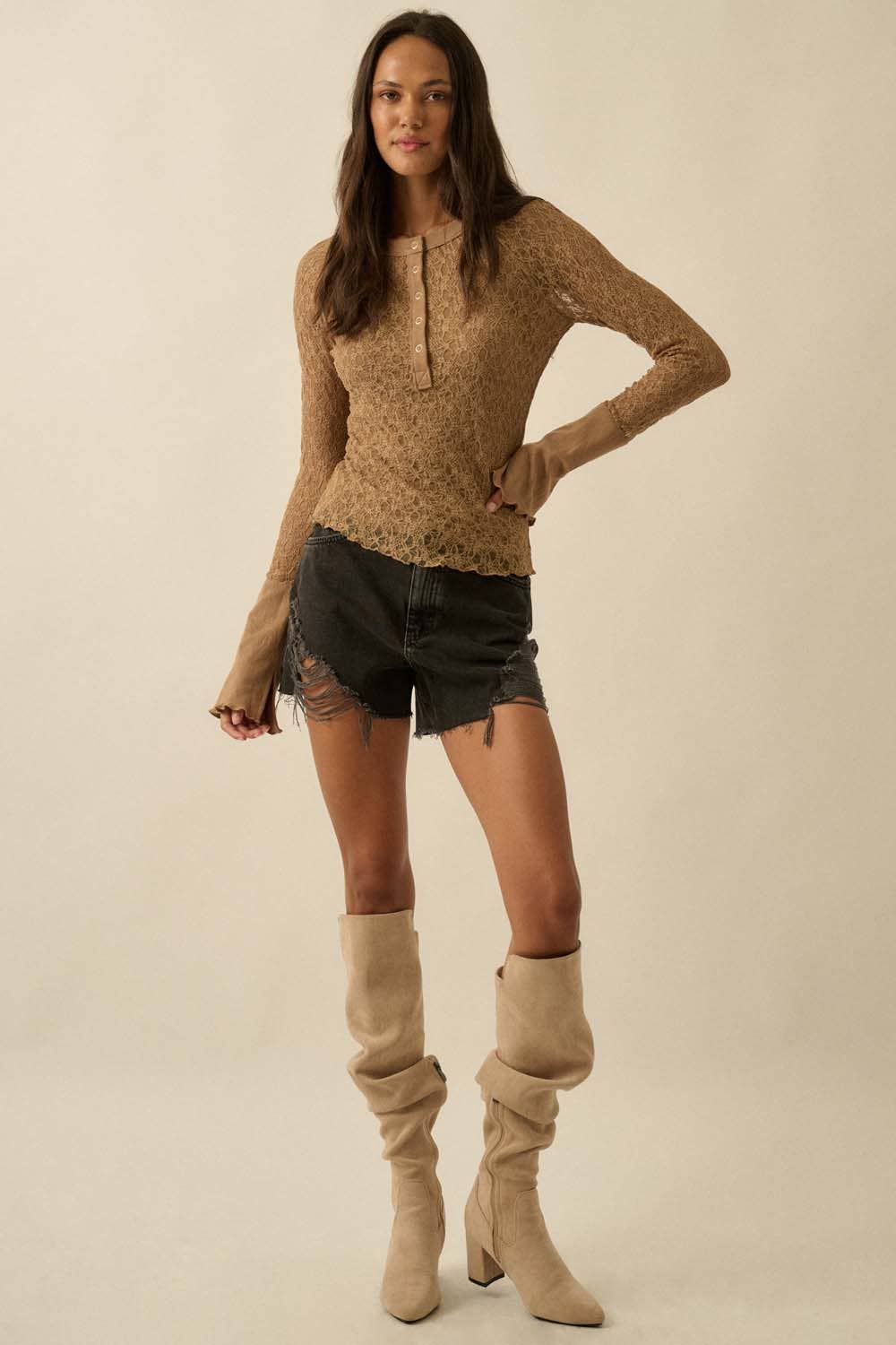 Floral Lace Raglan-Sleeve Henley Top