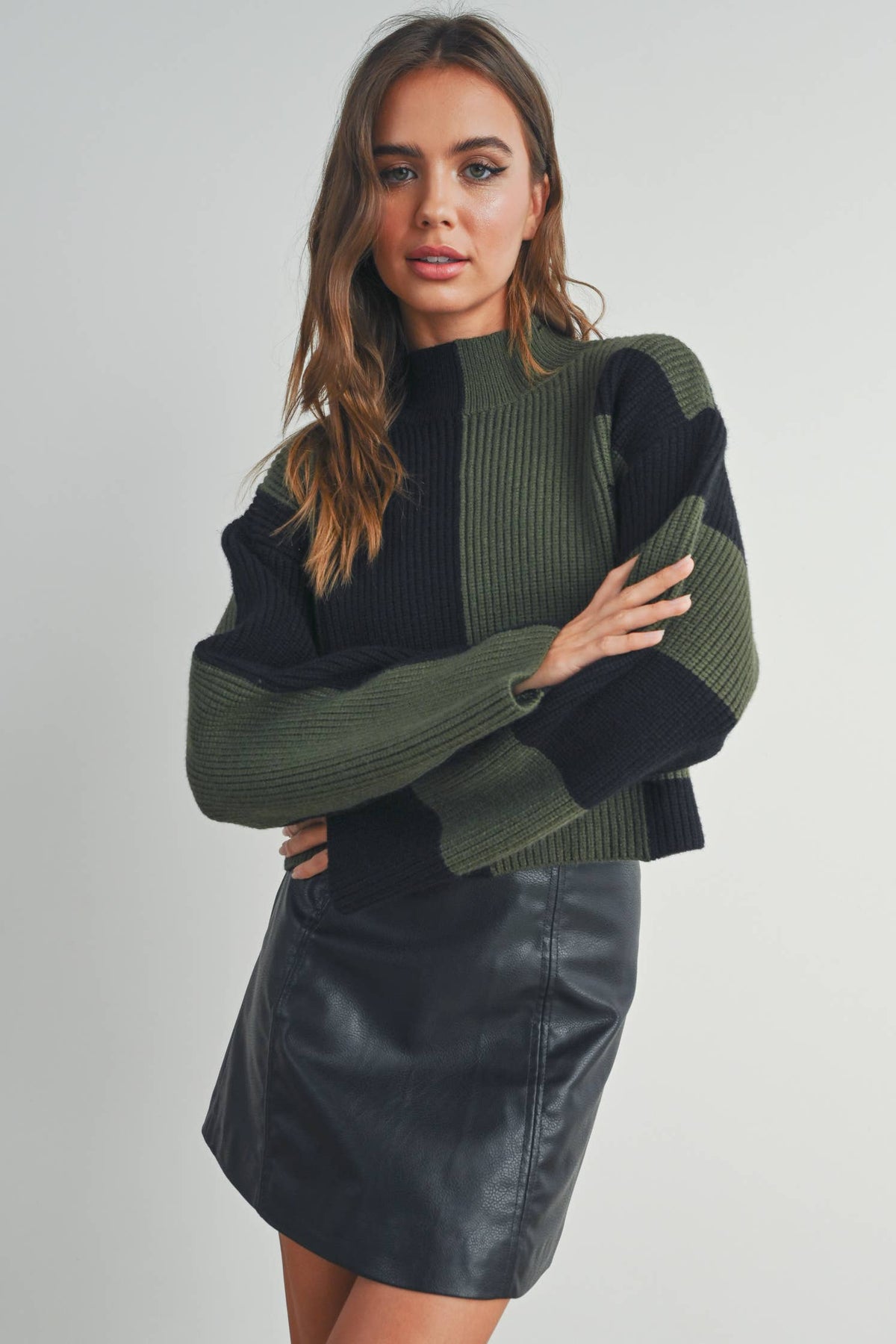 A Favorite Color Block Mock Turtleneck Sweater