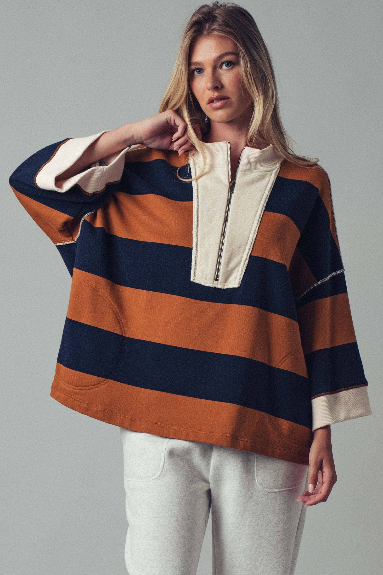 Urban Daizy - Oversized Half Zip Bold Stripe Statement Pullover Sweatshirt