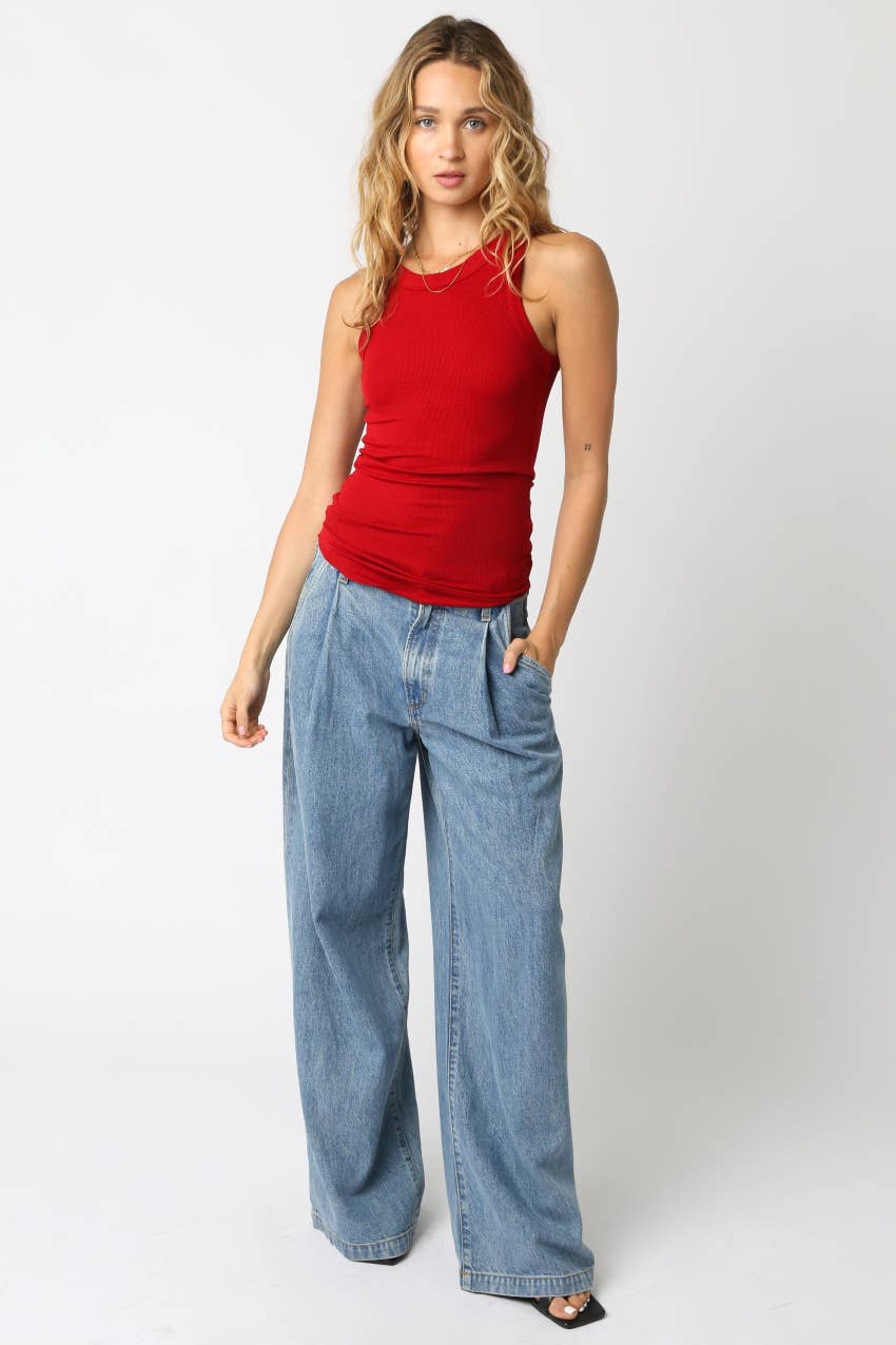 Olivaceous - Ribbed Fitted Scoop Neck Tank Top