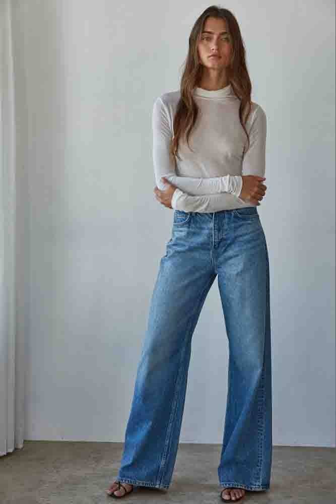 By Together - Knit Jersey Turtleneck Long Sleeve Sheer Top