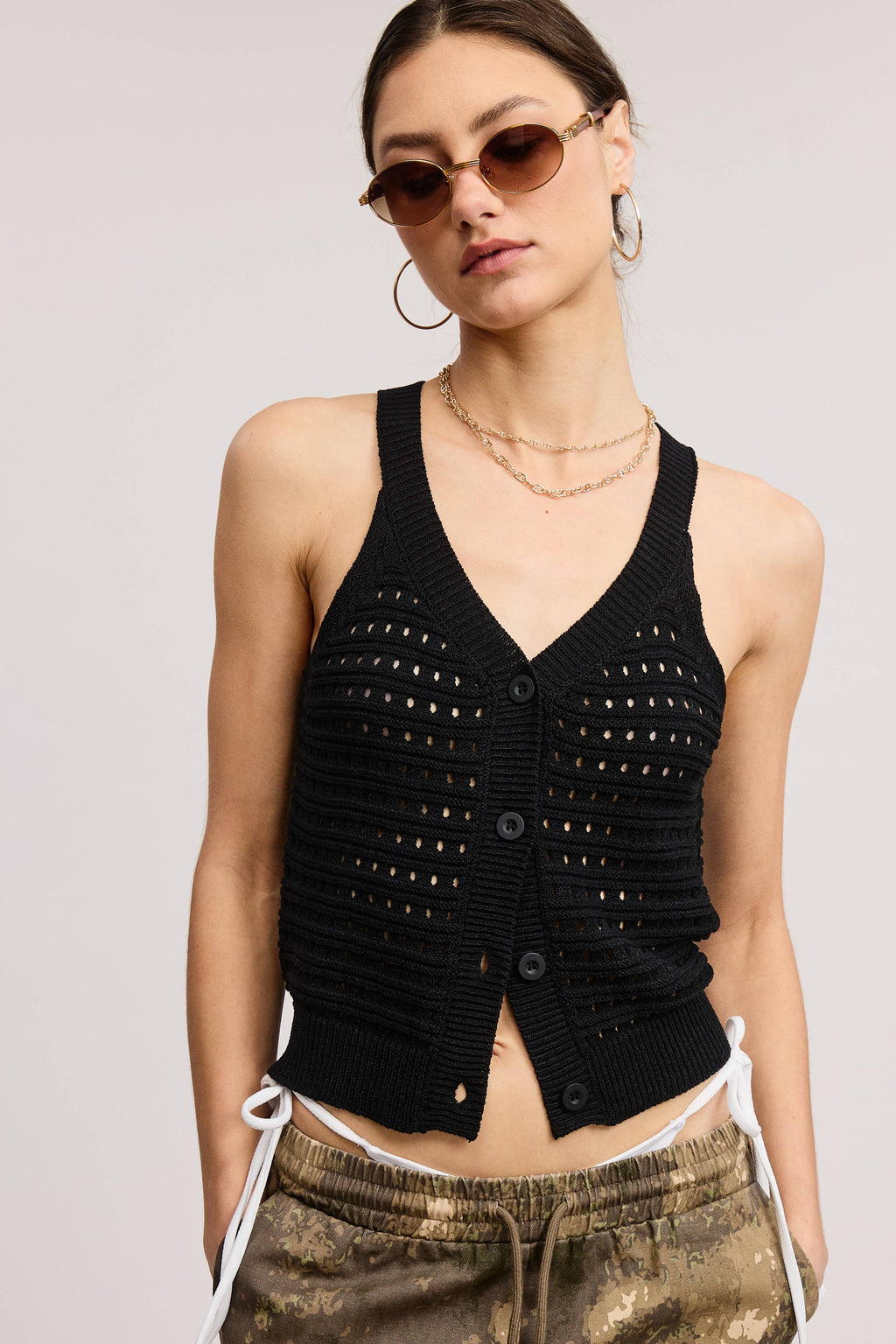 Mimosa - Open Stitch Button Front Knit Tank