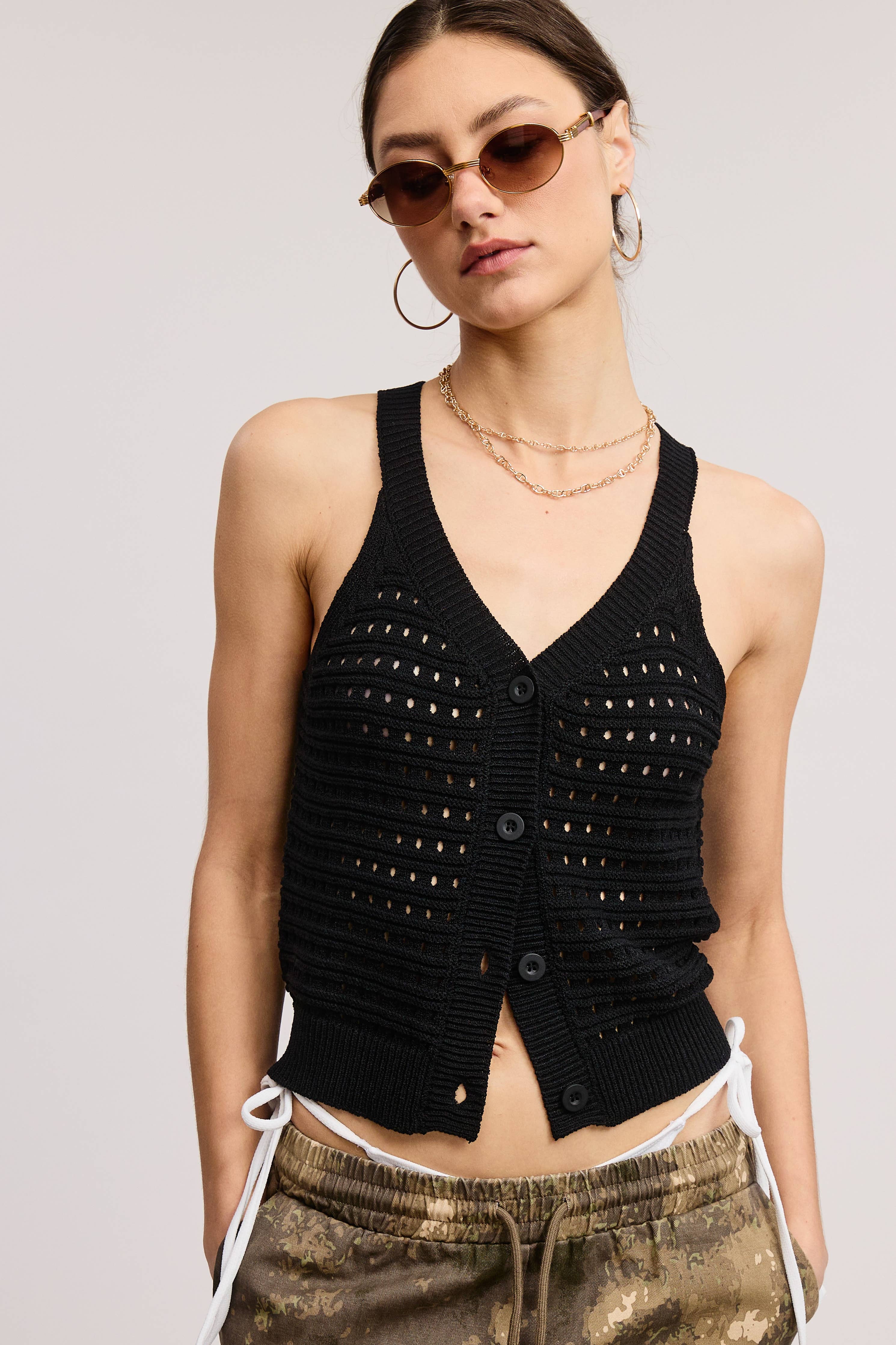 Mimosa - Open Stitch Button Front Knit Tank