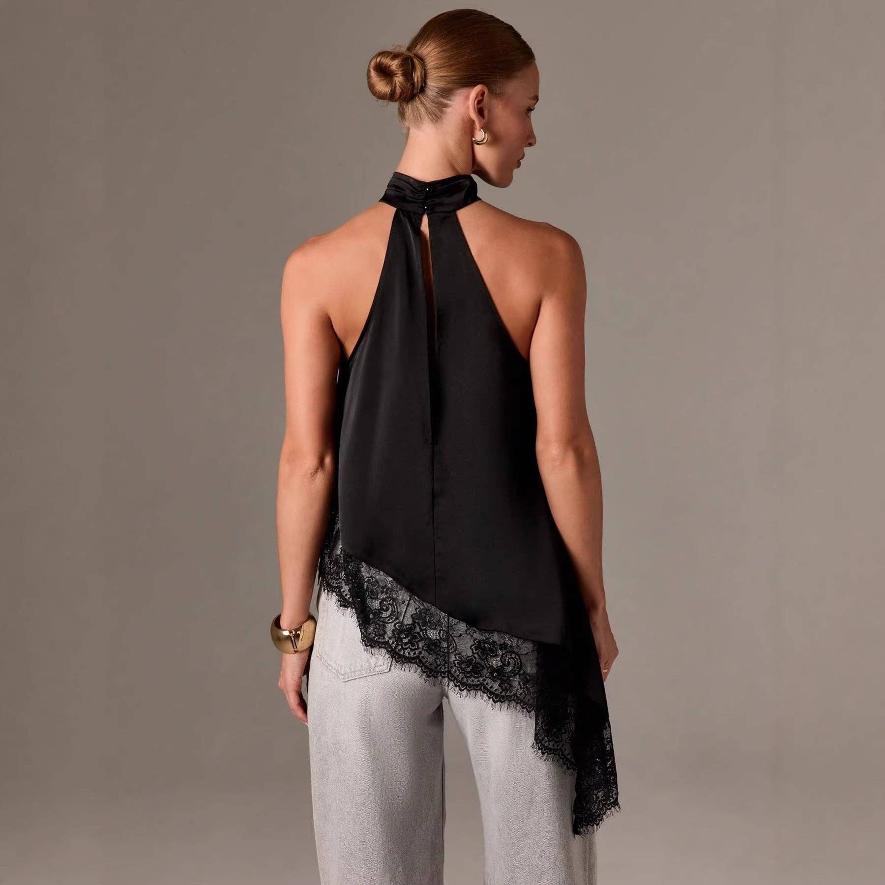 Lovesoft - Women’s Satin Lace Trim Halter Neck Asymmetrical Top