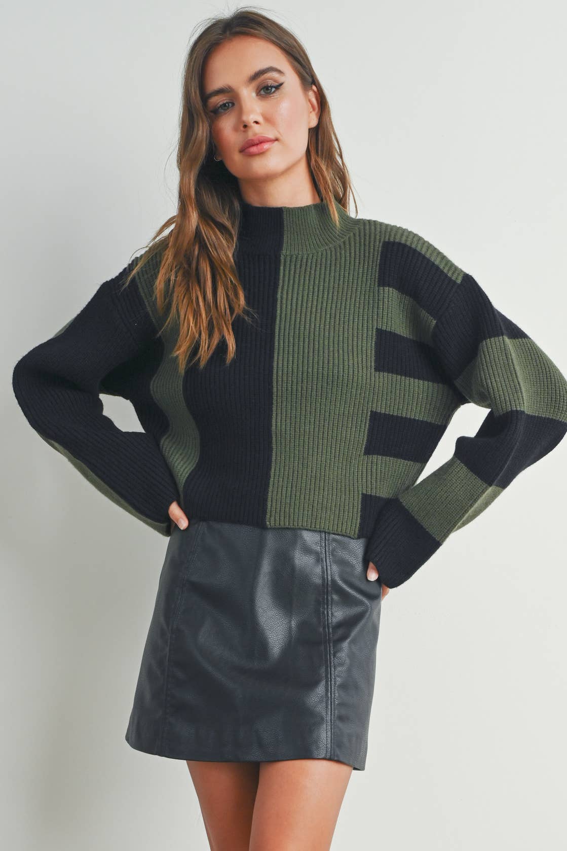 A Favorite Color Block Mock Turtleneck Sweater
