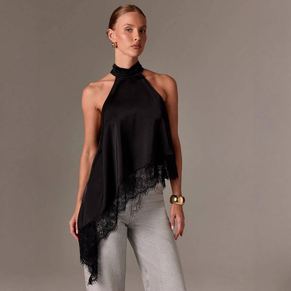 Lovesoft - Women’s Satin Lace Trim Halter Neck Asymmetrical Top