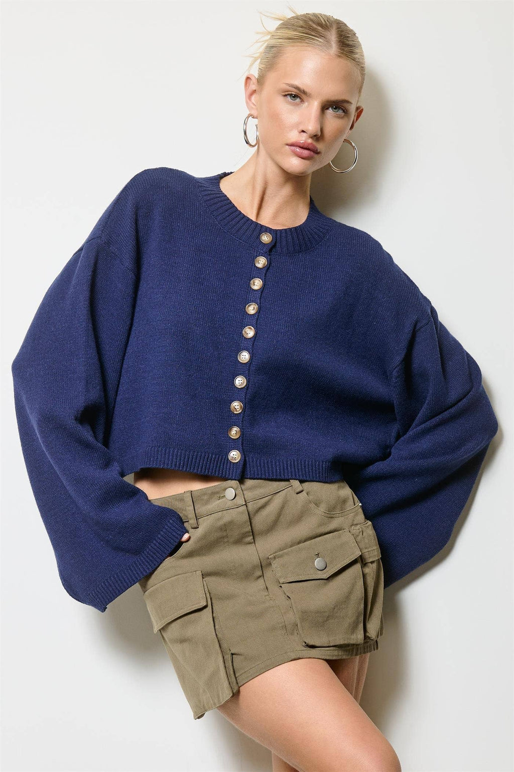 Button Front Cropped Knit Cardigan