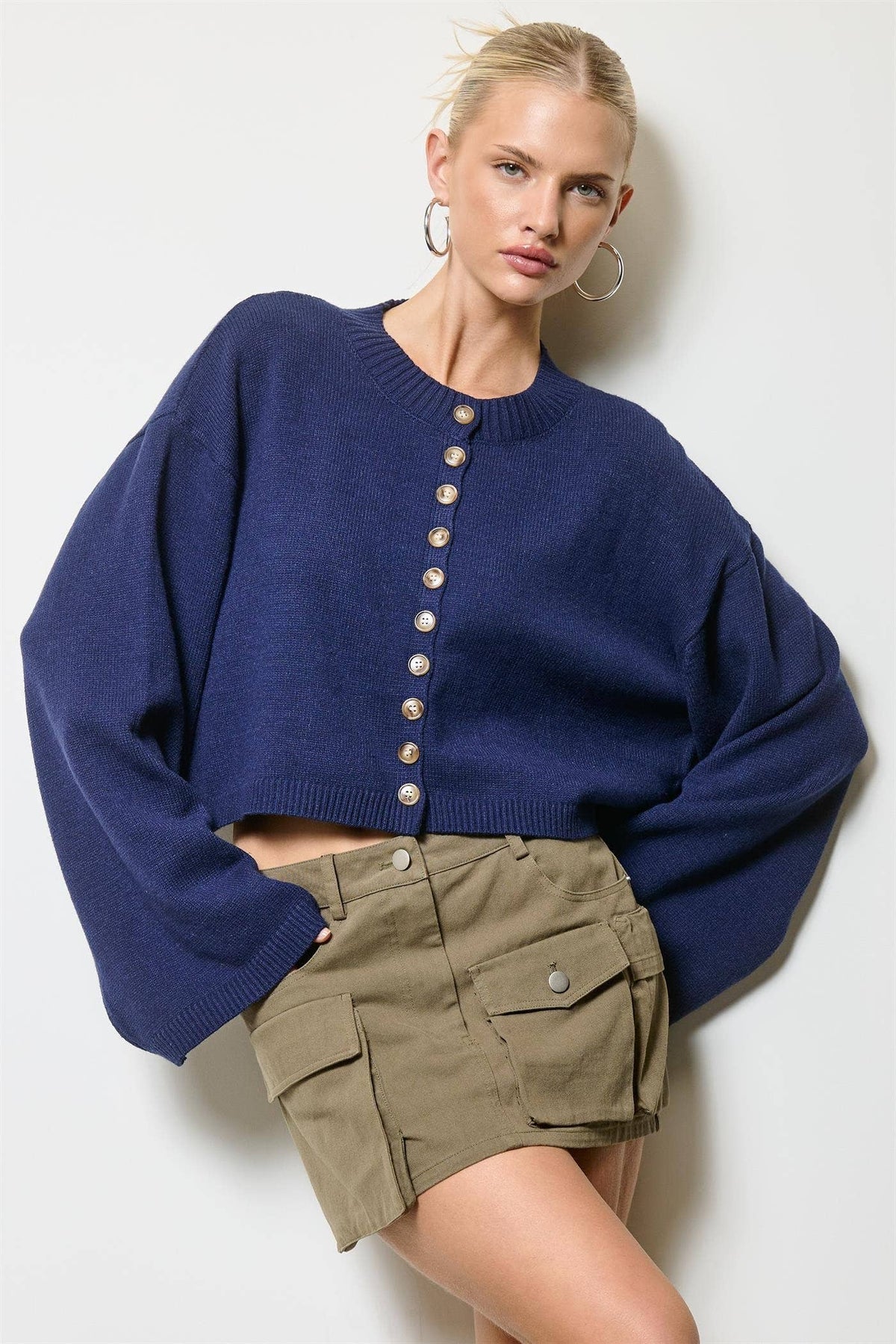 Button Front Cropped Knit Cardigan