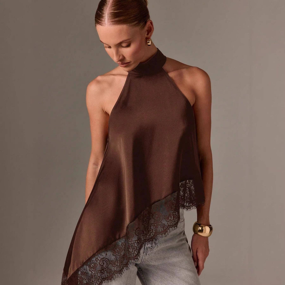 Satin Lace Trim Halter Neck - Asymmetrical Top