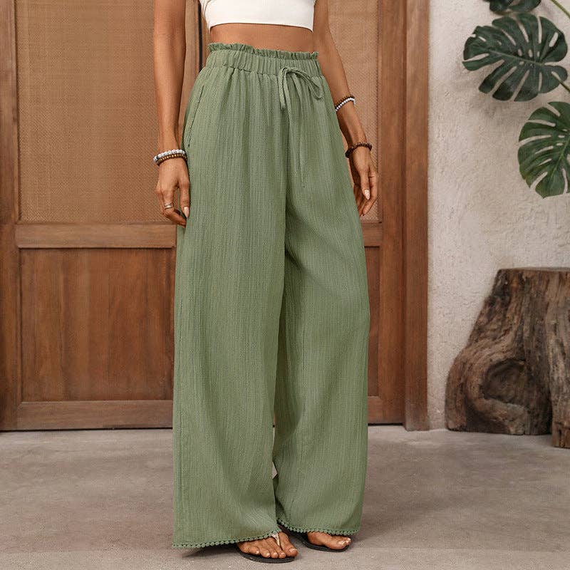 Lovesoft - Textured Drawstring High Waist Wide Leg Pants