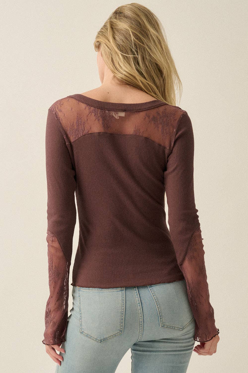 Ribbed Knit & Lace Long-Sleeve Split-Cuff Henley Top