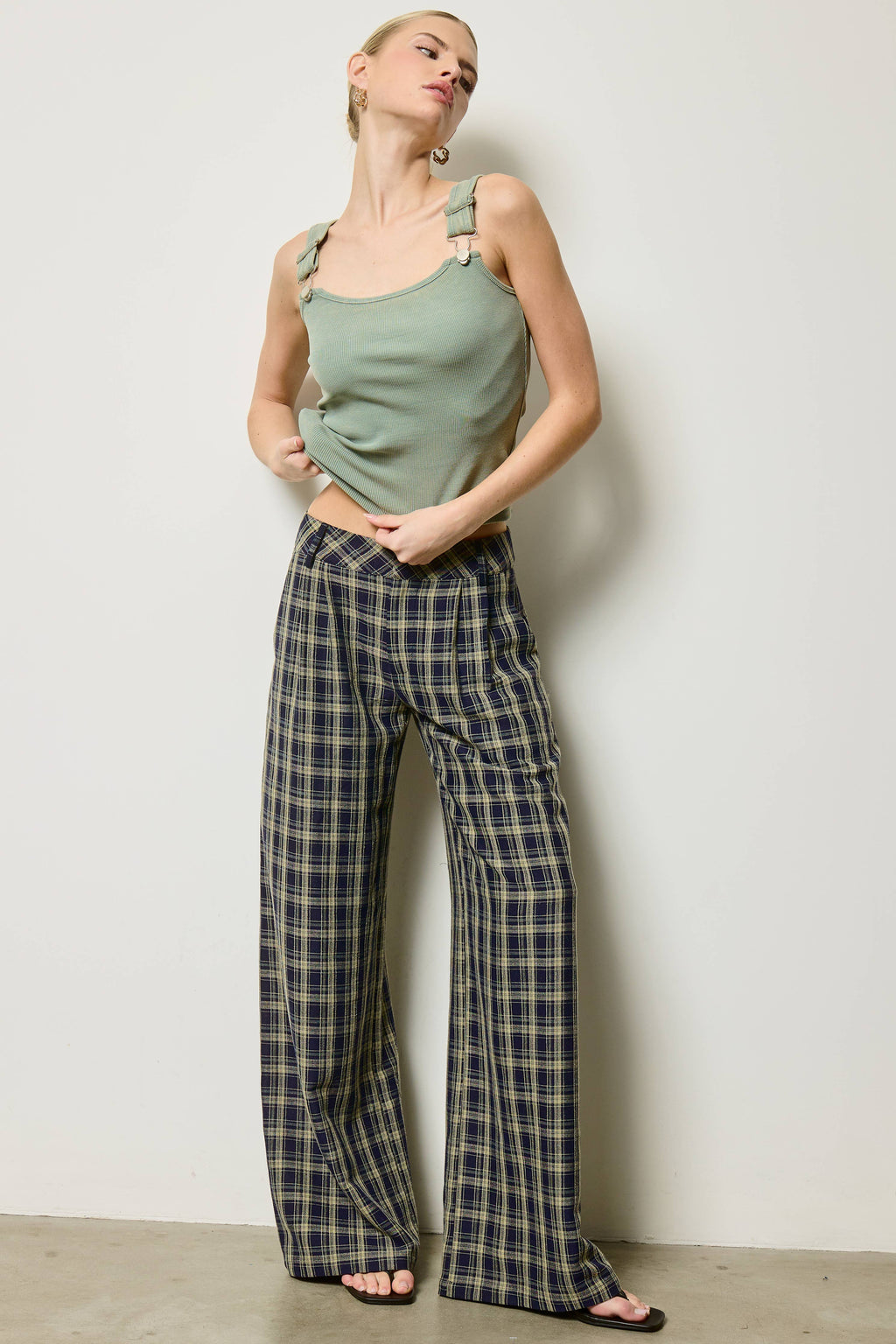 Plaid Pleated Wide Leg Trousers