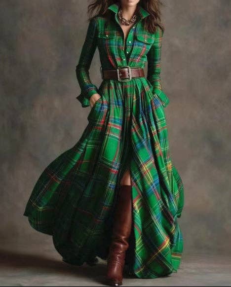Suhkasana - Plaid Belted Maxi Shirt Dress Long Sleeve Vintage
