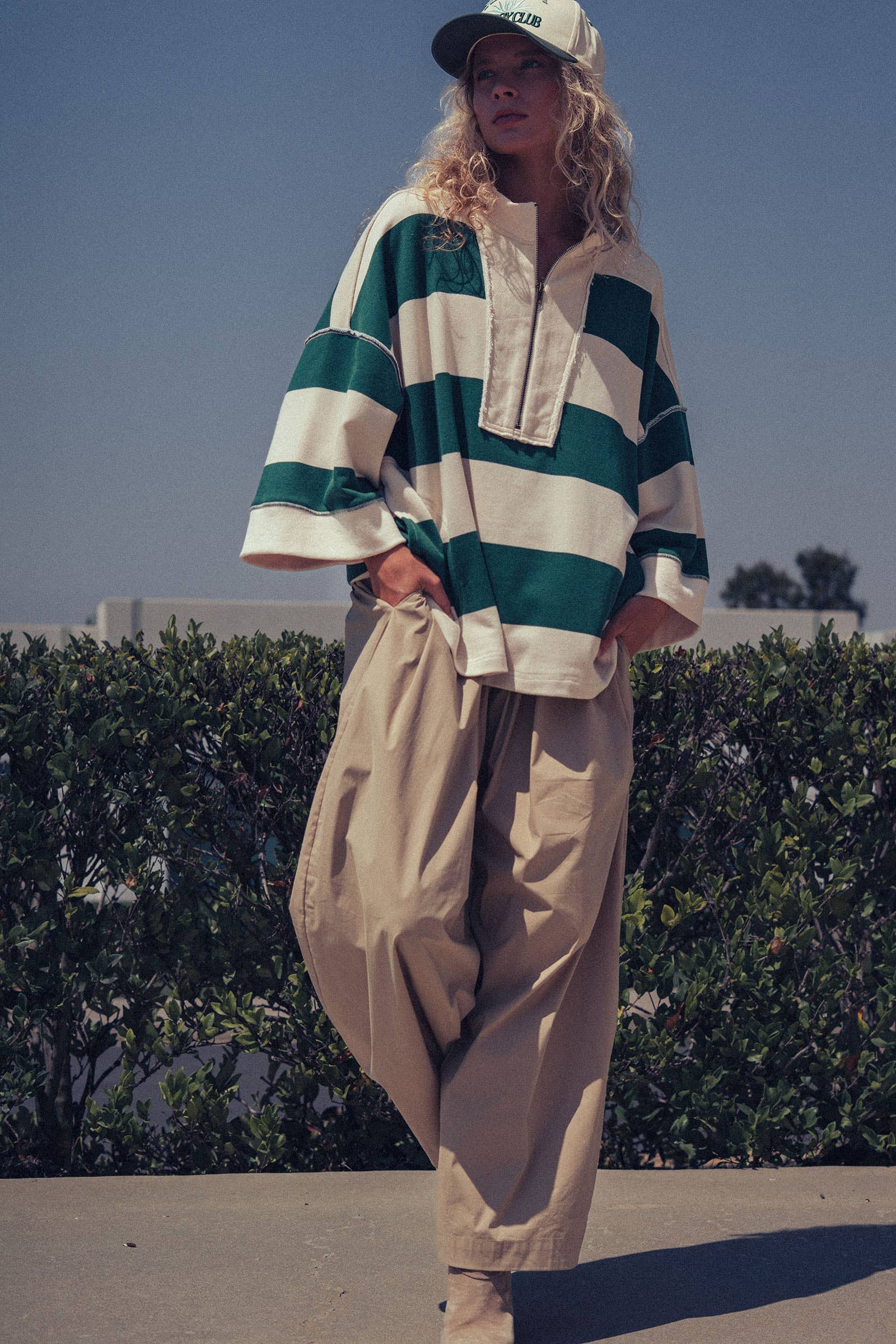 Urban Daizy - Oversized Half Zip Bold Stripe Statement Pullover Sweatshirt