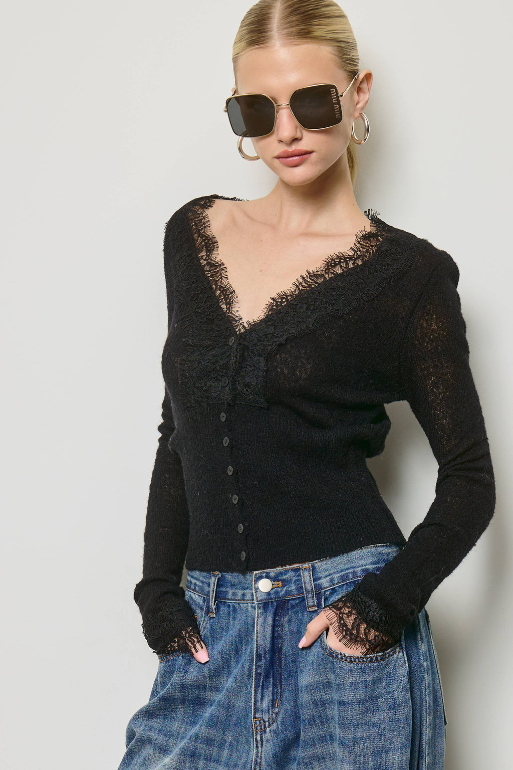 Mimosa - Lace Trim V Neck Knit Cardigan