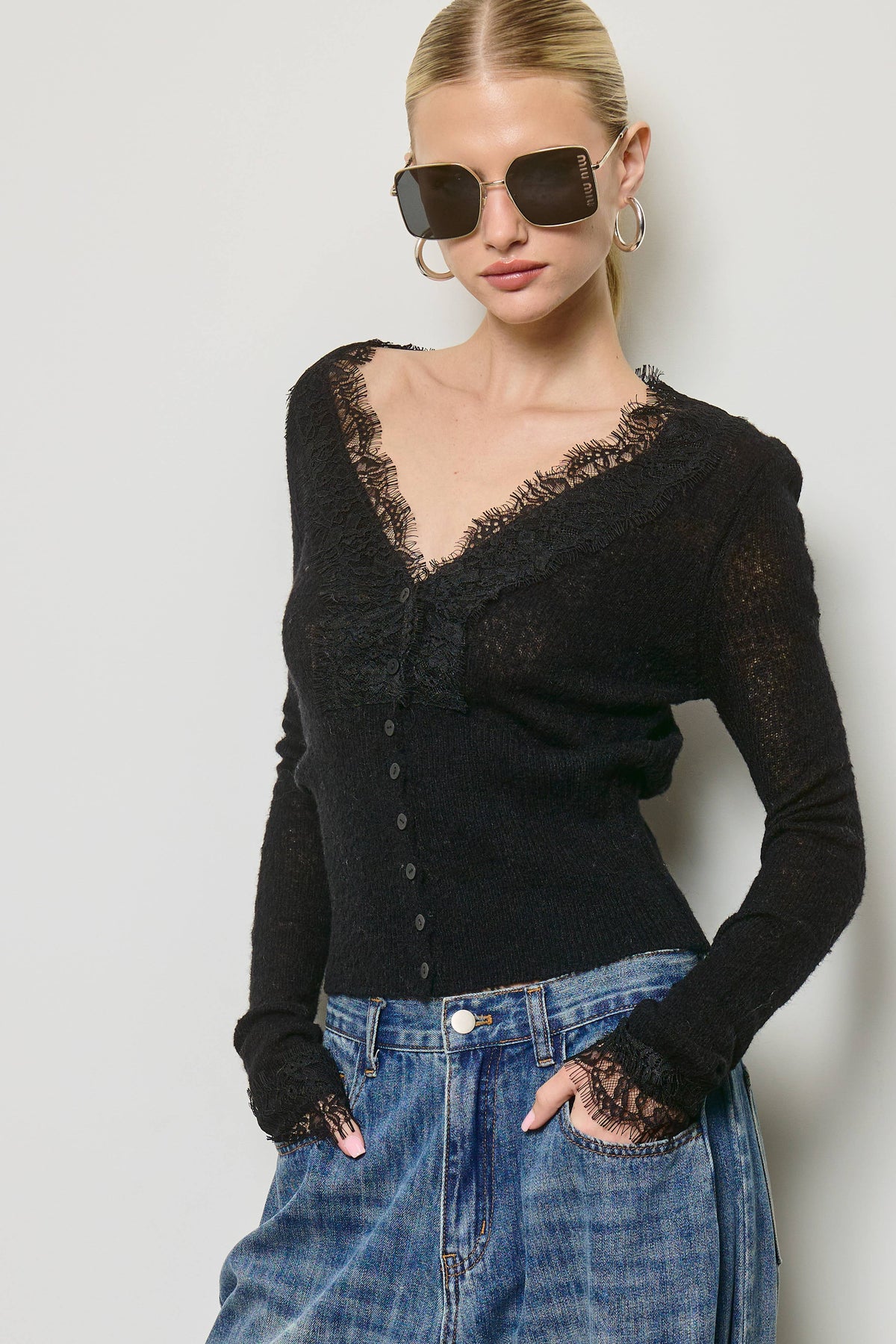 Mimosa - Lace Trim V Neck Knit Cardigan