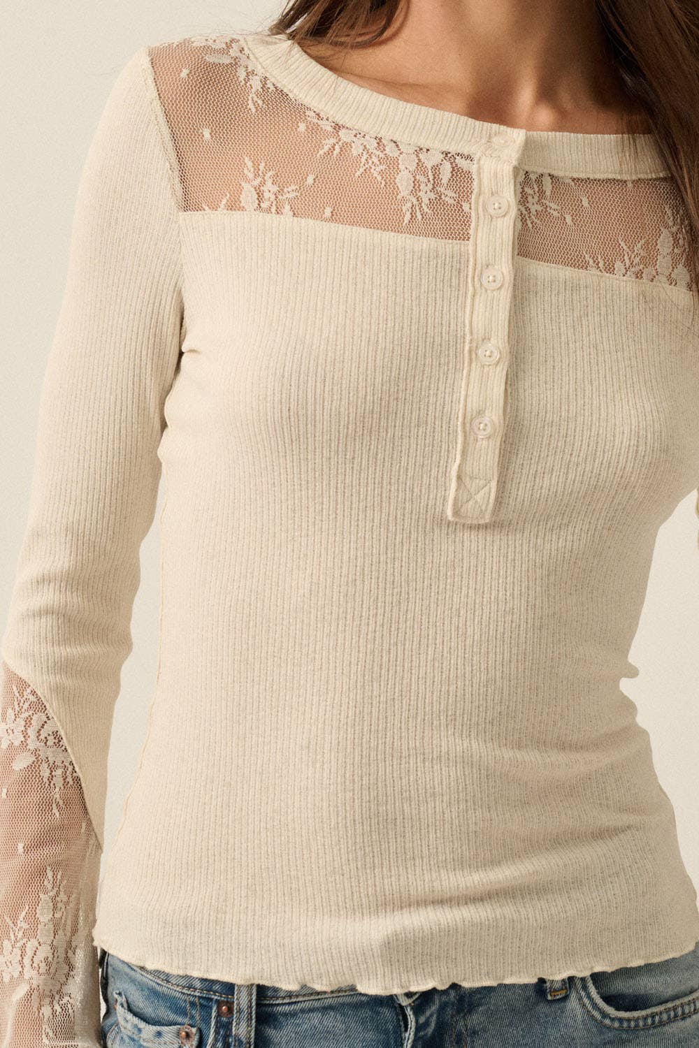 Ribbed Knit & Lace Long-Sleeve Split-Cuff Henley Top