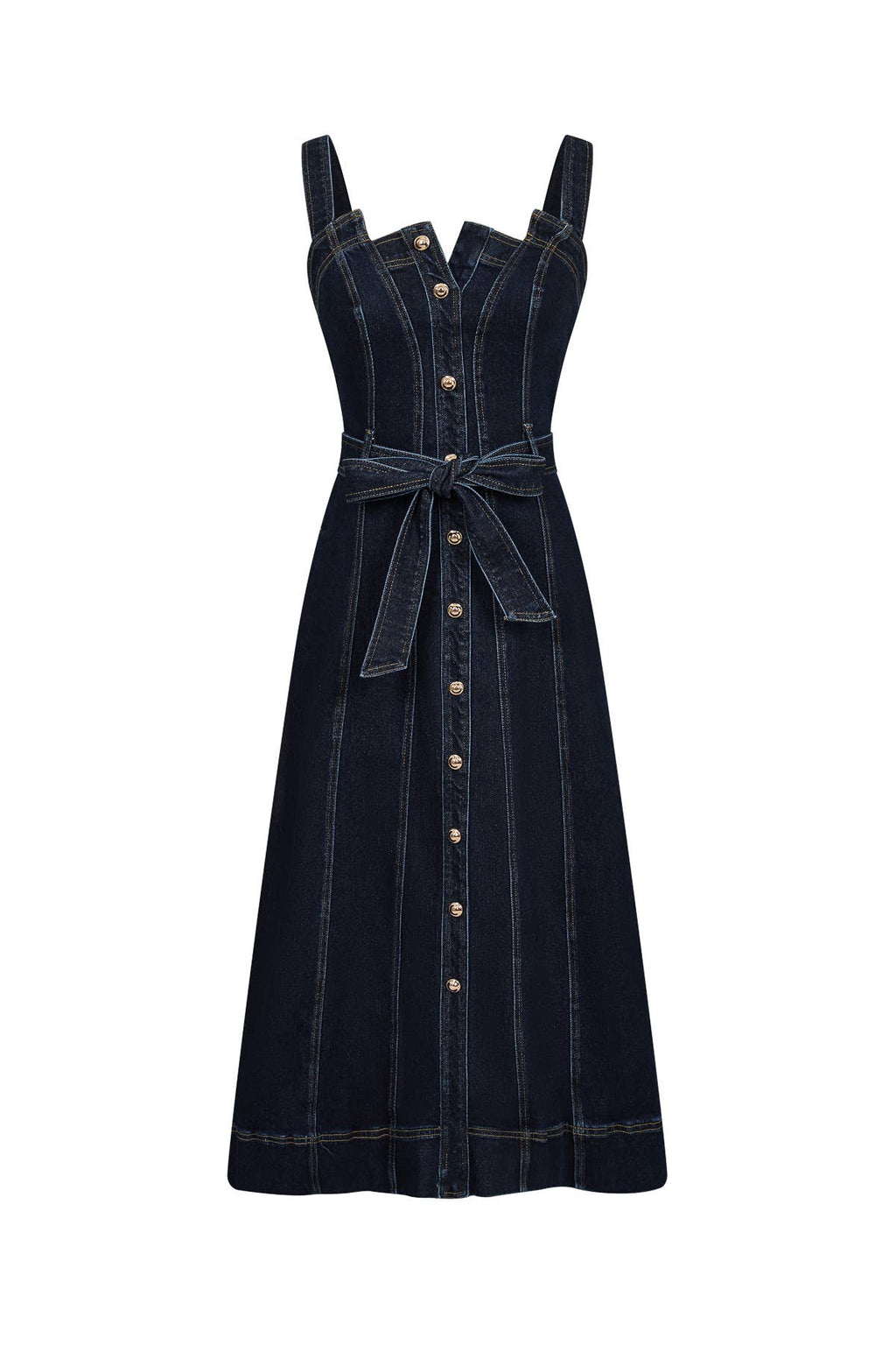A Favorite Heloise Denim Button Down Midi Dress with Waist Tie
