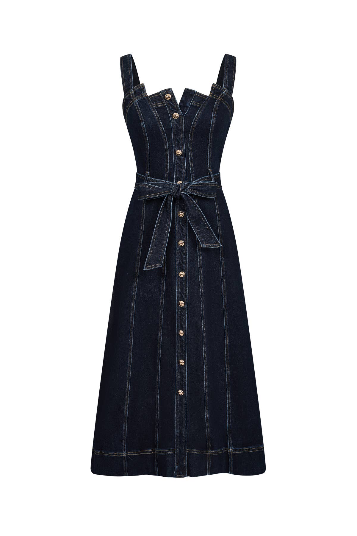 A Favorite Heloise Denim Button Down Midi Dress with Waist Tie