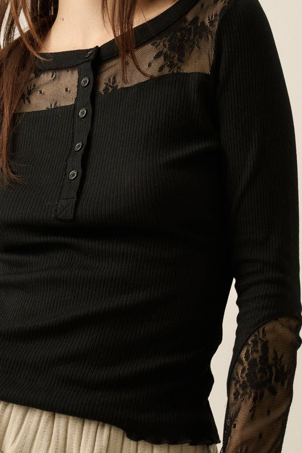 Ribbed Knit & Lace Long-Sleeve Split-Cuff Henley Top