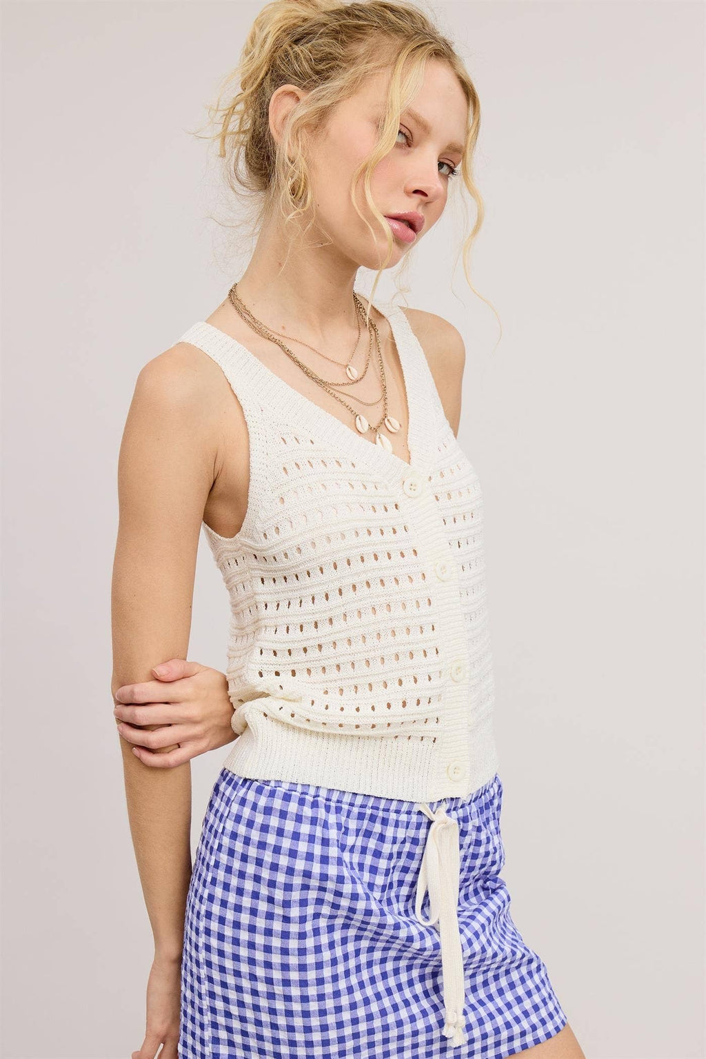 Mimosa - Open Stitch Button Front Knit Tank