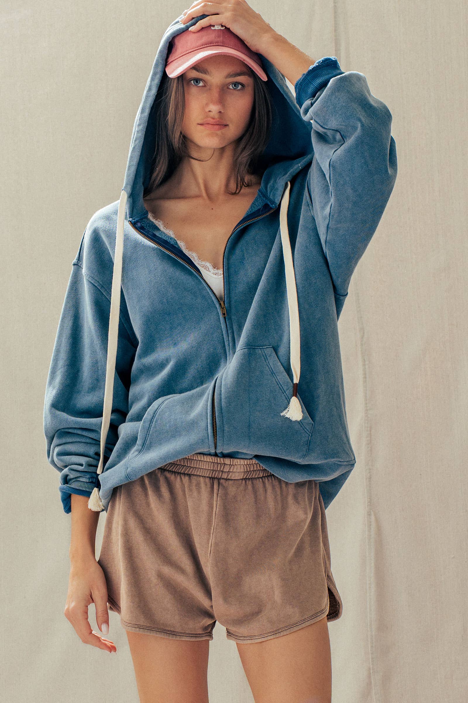 Urban Daizy - Vintage-Wash Zip-Up Hoodie
