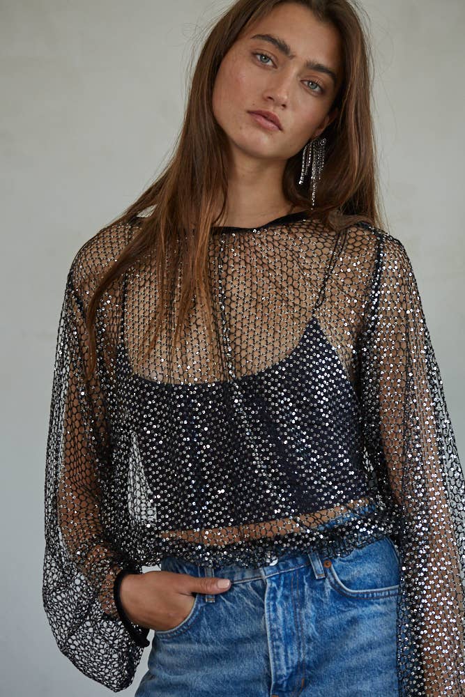 By Together - Woven Polyester Sequin Mesh Long Sleeve Top