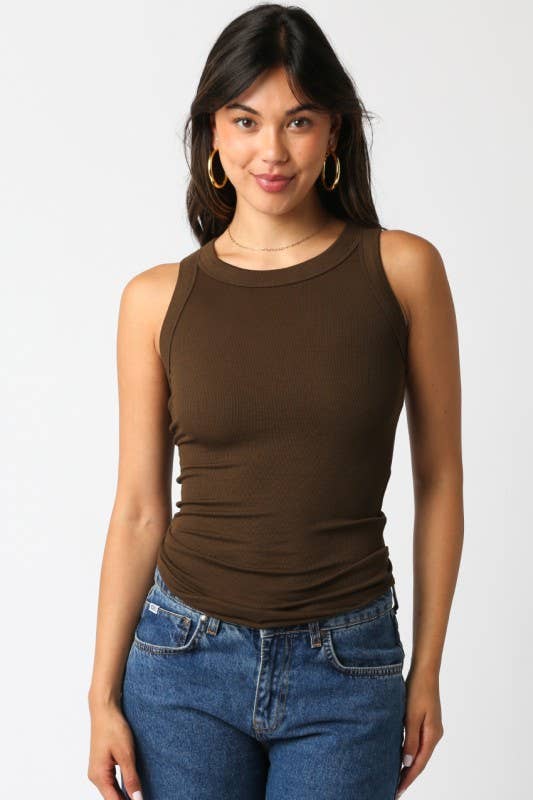 Olivaceous - Ribbed Fitted Scoop Neck Tank Top
