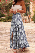 Lovesoft - Blue Bohemian Floral Print Tiered Maxi Skirt with Split