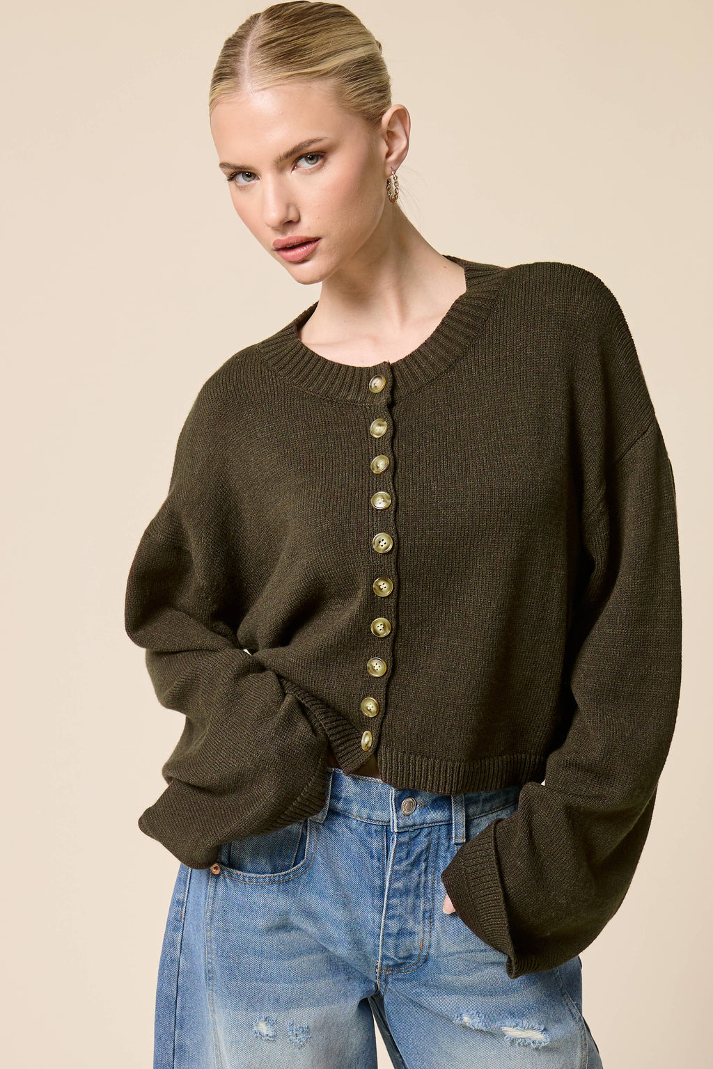 Button Front Cropped Knit Cardigan