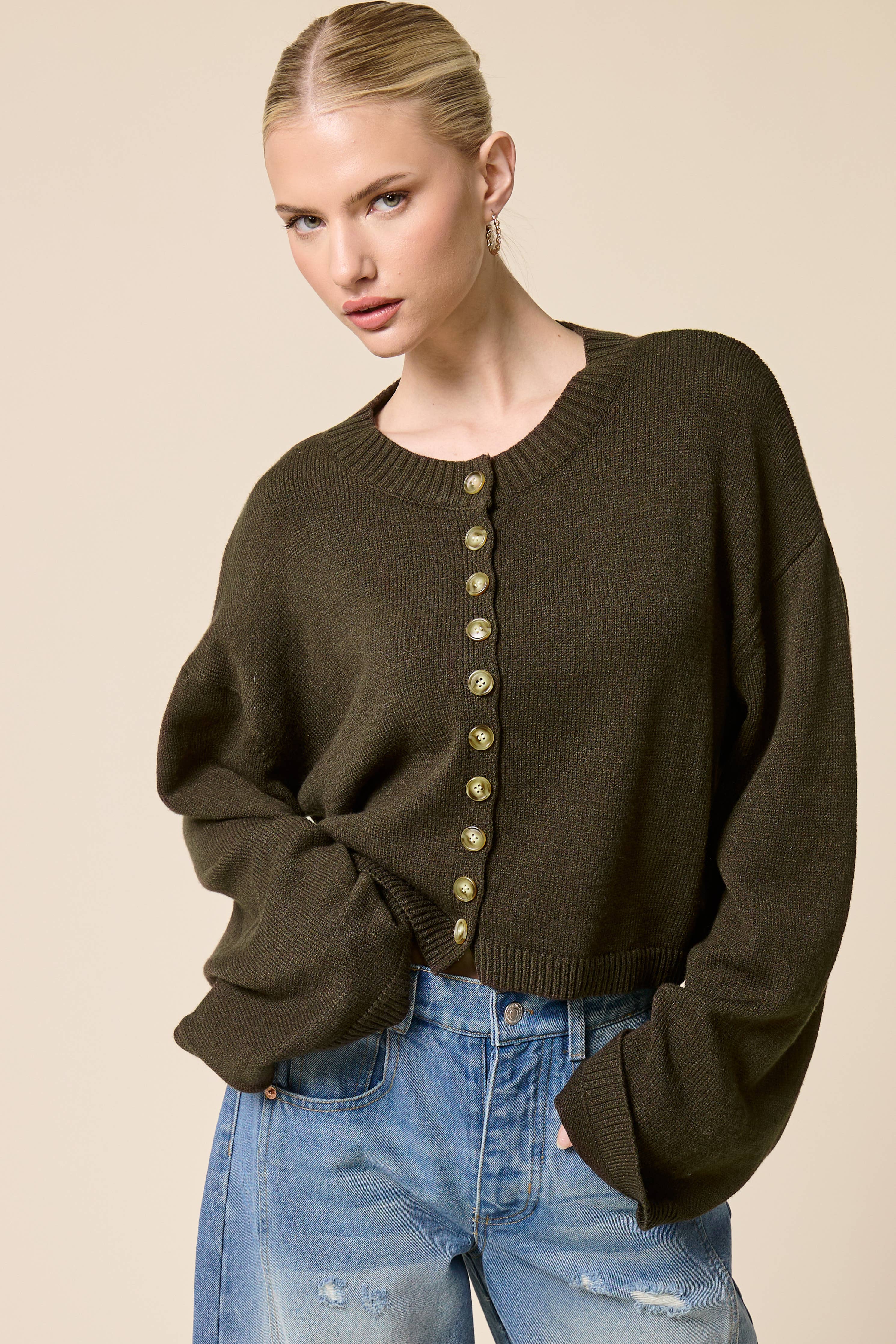 Button Front Cropped Knit Cardigan