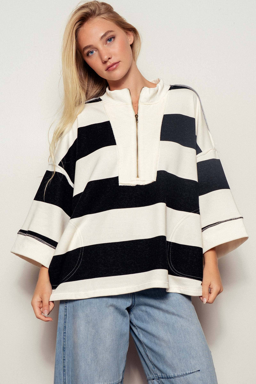 Urban Daizy - Oversized Half Zip Bold Stripe Statement Pullover Sweatshirt