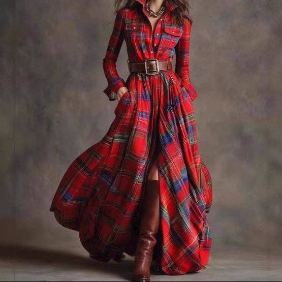 Suhkasana - Plaid Belted Maxi Shirt Dress Long Sleeve Vintage
