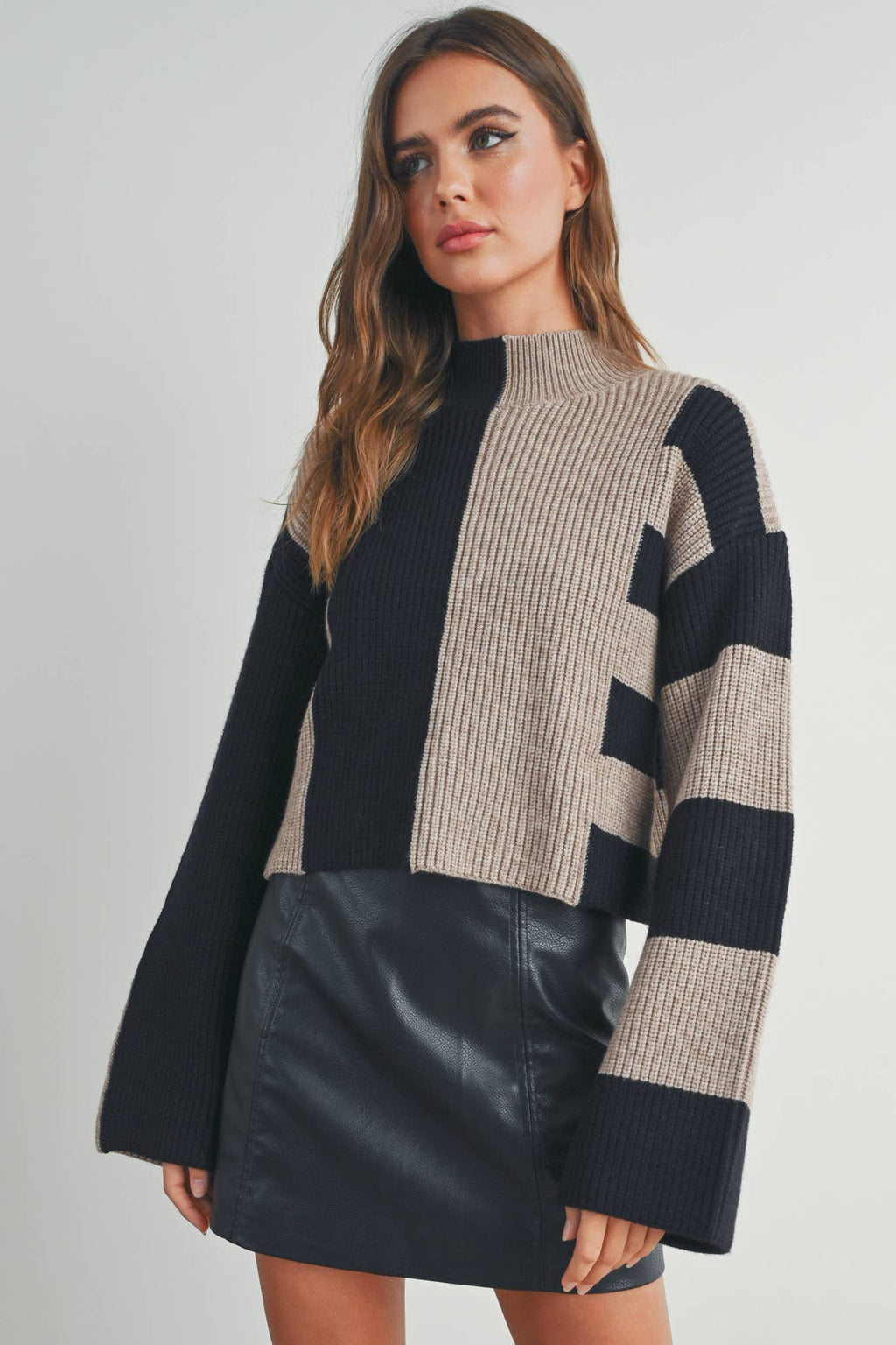 A Favorite Color Block Mock Turtleneck Sweater